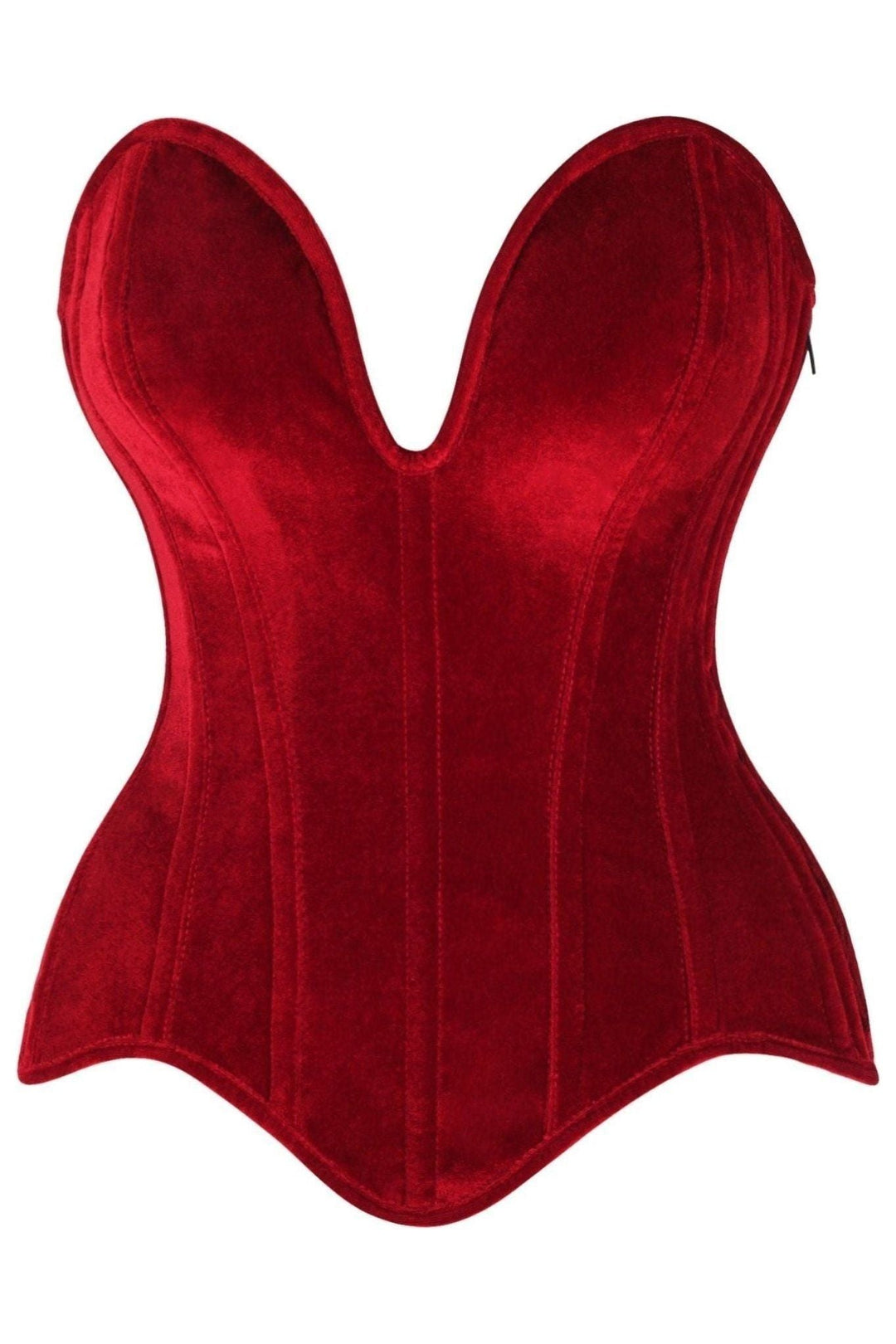 Daisy Corsets Top Drawer Steel Boned Dark Red Velvet Plunge Neckline Overbust Corset in Red  from SexyShoes.com