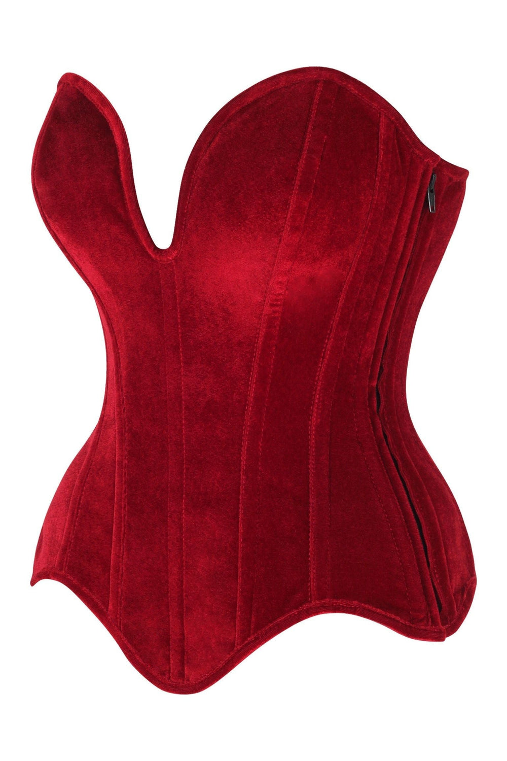 Daisy Corsets Top Drawer Steel Boned Dark Red Velvet Plunge Neckline Overbust Corset in Red 