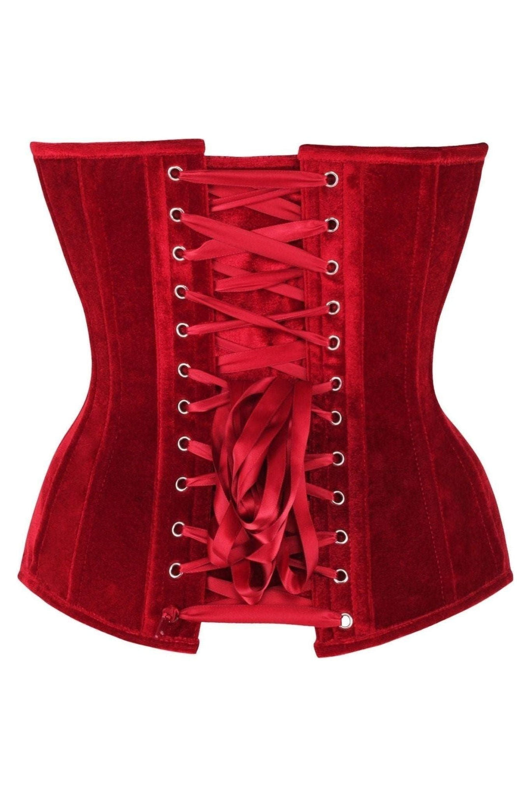 Daisy Corsets Top Drawer Steel Boned Dark Red Velvet Plunge Neckline Overbust Corset in Red 