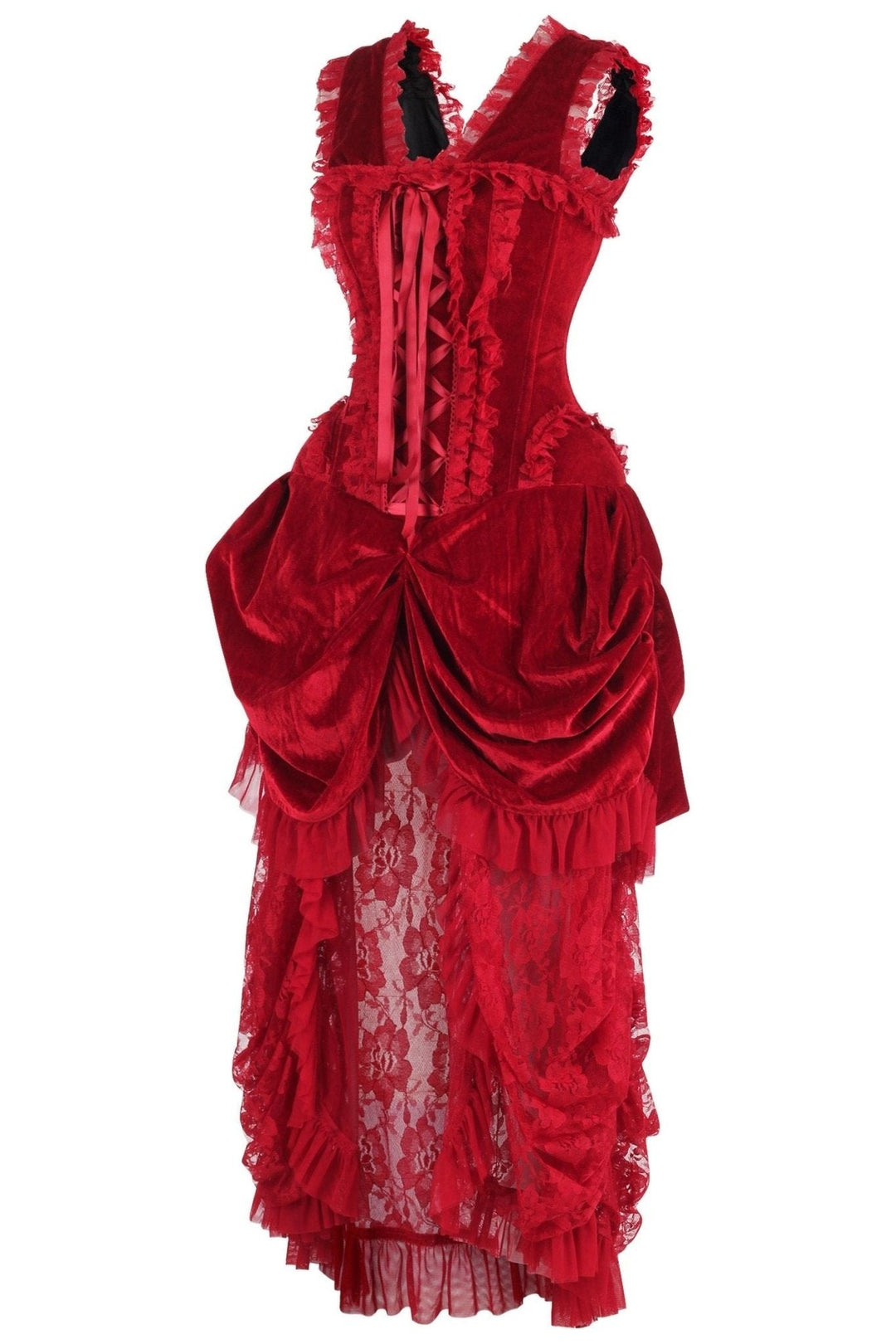 Top Drawer Steel Boned Dark Red Velvet Victorian Bustle Corset Dress