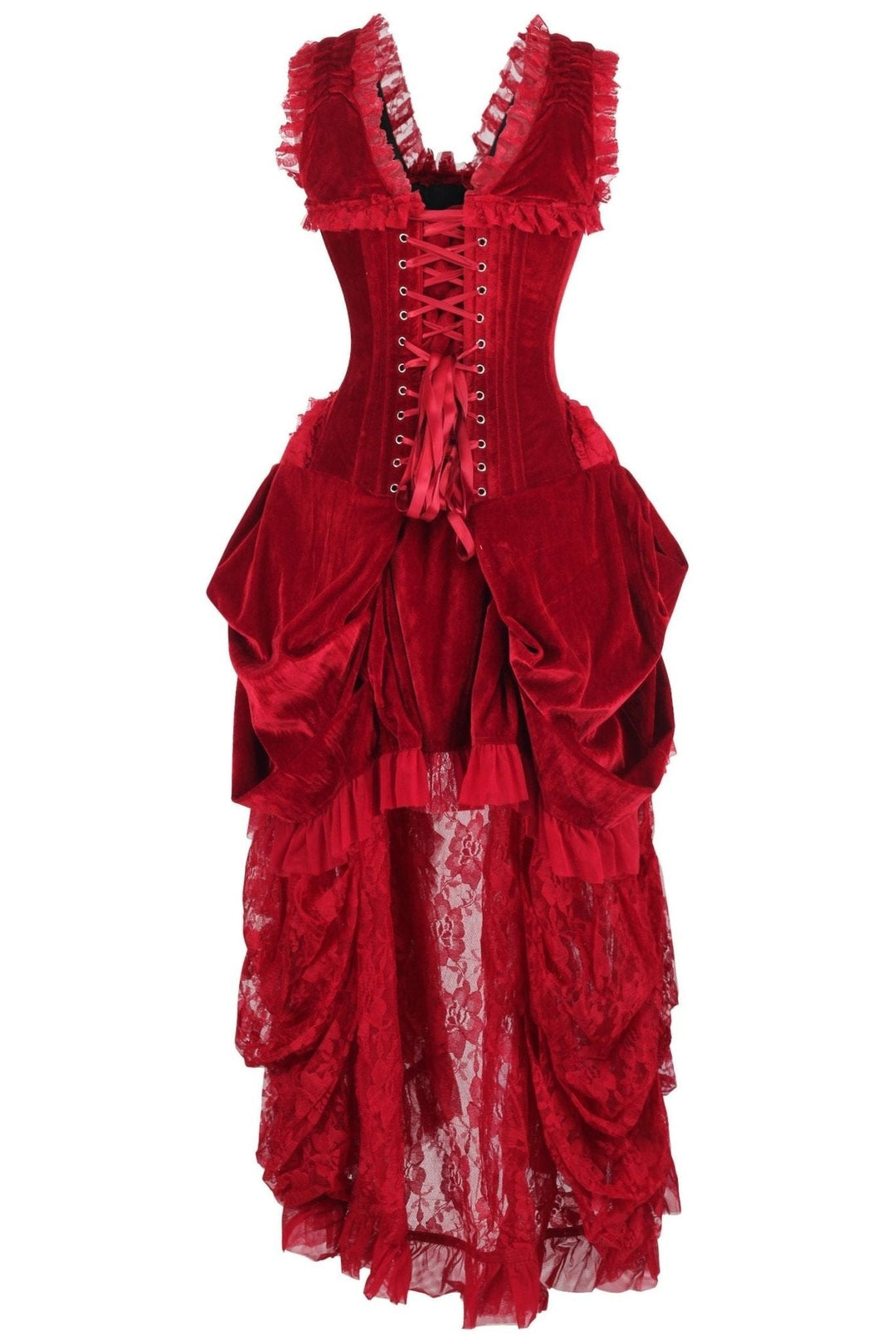 Top Drawer Steel Boned Dark Red Velvet Victorian Bustle Corset Dress