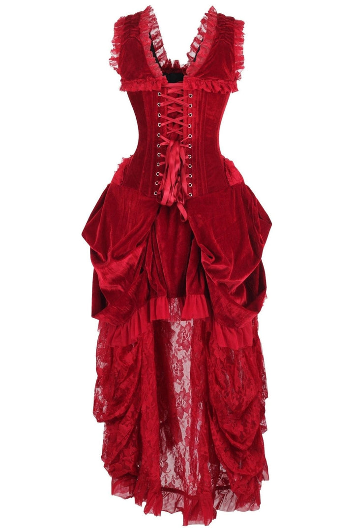 Top Drawer Steel Boned Dark Red Velvet Victorian Bustle Corset Dress