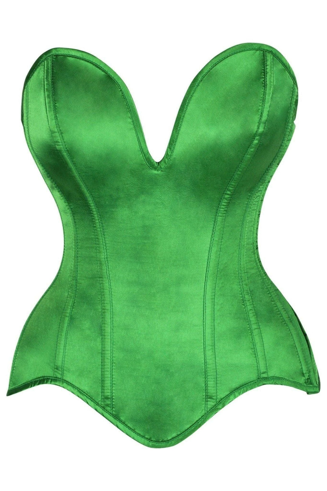 Daisy Corsets Top Drawer Steel Boned Green Satin Plunge Neckline Overbust Corset in Green  from SexyShoes.com