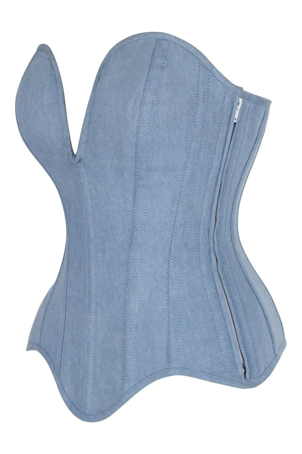 Daisy Corsets Top Drawer Steel Boned Light Blue Denim Plunge Neckline Overbust Corset in Blue 