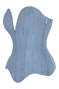 Daisy Corsets Top Drawer Steel Boned Light Blue Denim Plunge Neckline Overbust Corset in Blue 