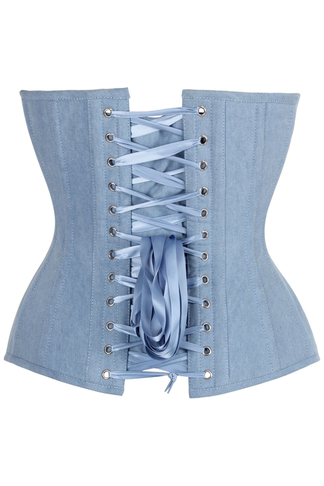 Daisy Corsets Top Drawer Steel Boned Light Blue Denim Plunge Neckline Overbust Corset in Blue 