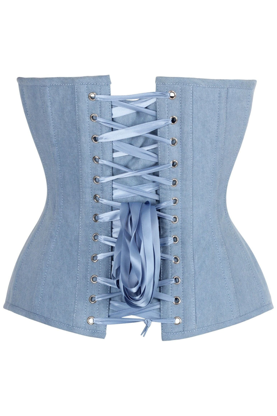 Daisy Corsets Top Drawer Steel Boned Light Blue Denim Plunge Neckline Overbust Corset in Blue 