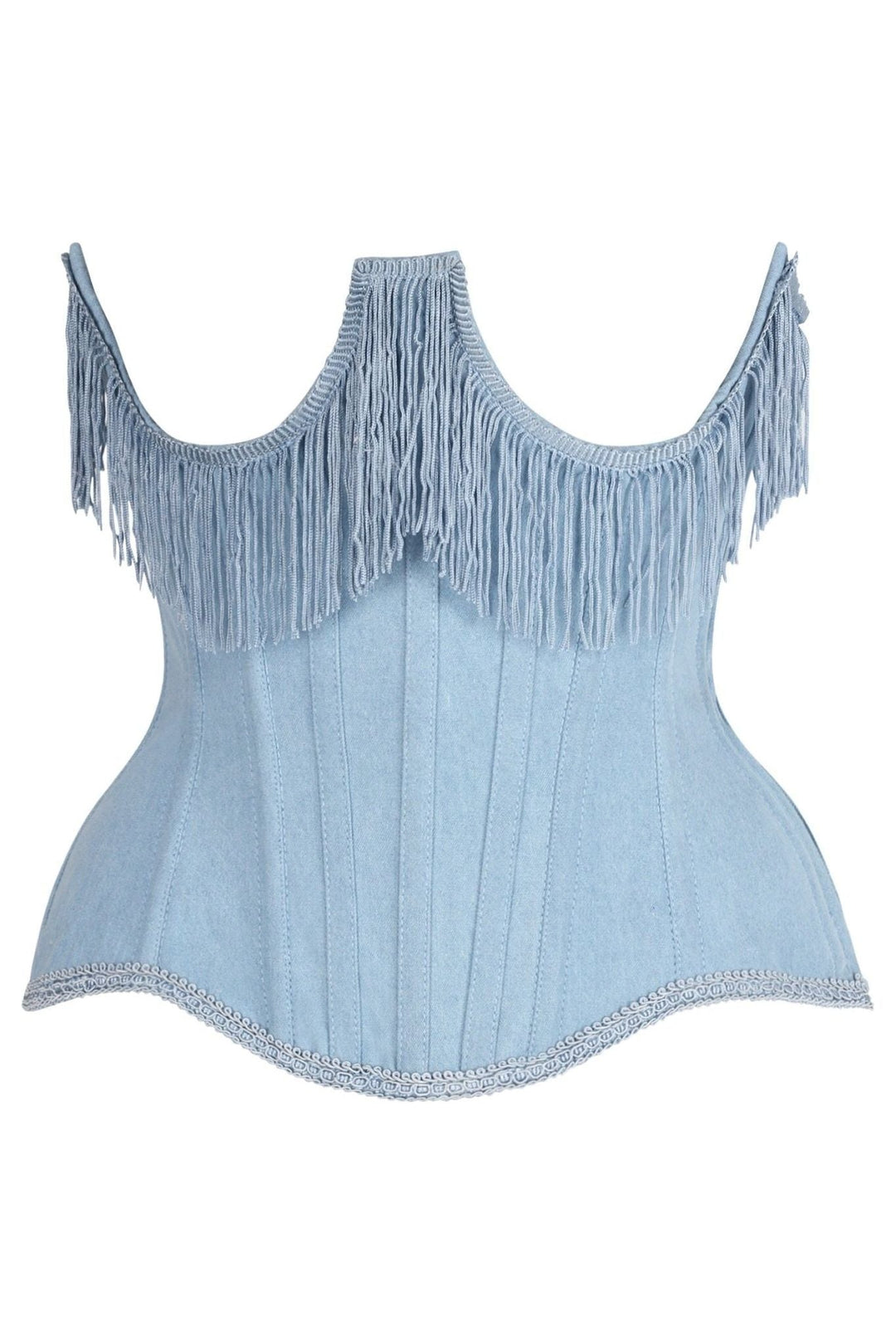 Daisy Corsets Top Drawer Steel Boned Light Blue Denim Underwire Underbust Corset Cincher w/Fringe in Blue  from SexyShoes.com