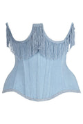 SS-Top Drawer Steel Boned Light Blue Denim Underwire Underbust Corset Cincher w/Fringe