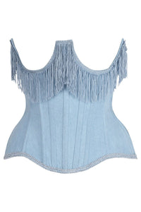Daisy Corsets Top Drawer Steel Boned Light Blue Denim Underwire Underbust Corset Cincher w/Fringe in Blue  from SexyShoes.com