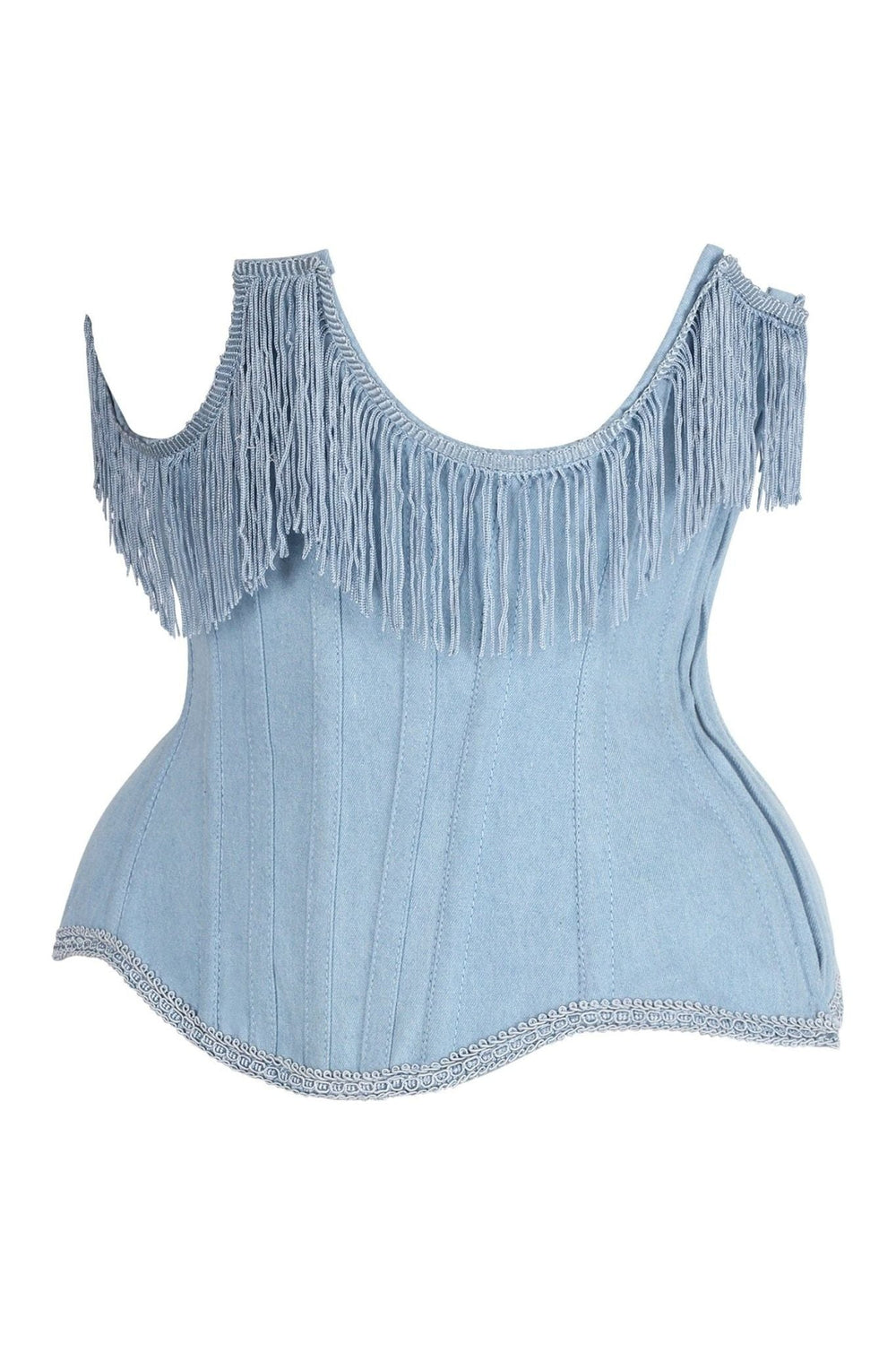 Daisy Corsets Top Drawer Steel Boned Light Blue Denim Underwire Underbust Corset Cincher w/Fringe in Blue 
