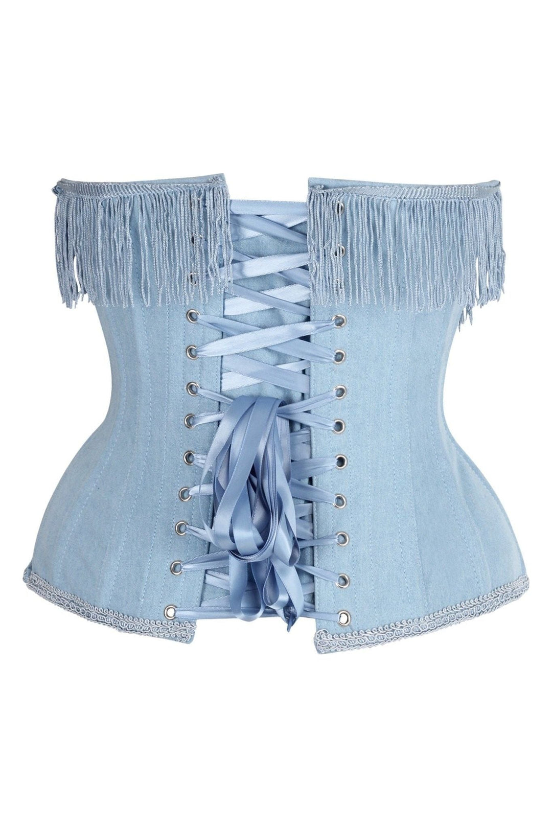 Daisy Corsets Top Drawer Steel Boned Light Blue Denim Underwire Underbust Corset Cincher w/Fringe in Blue 