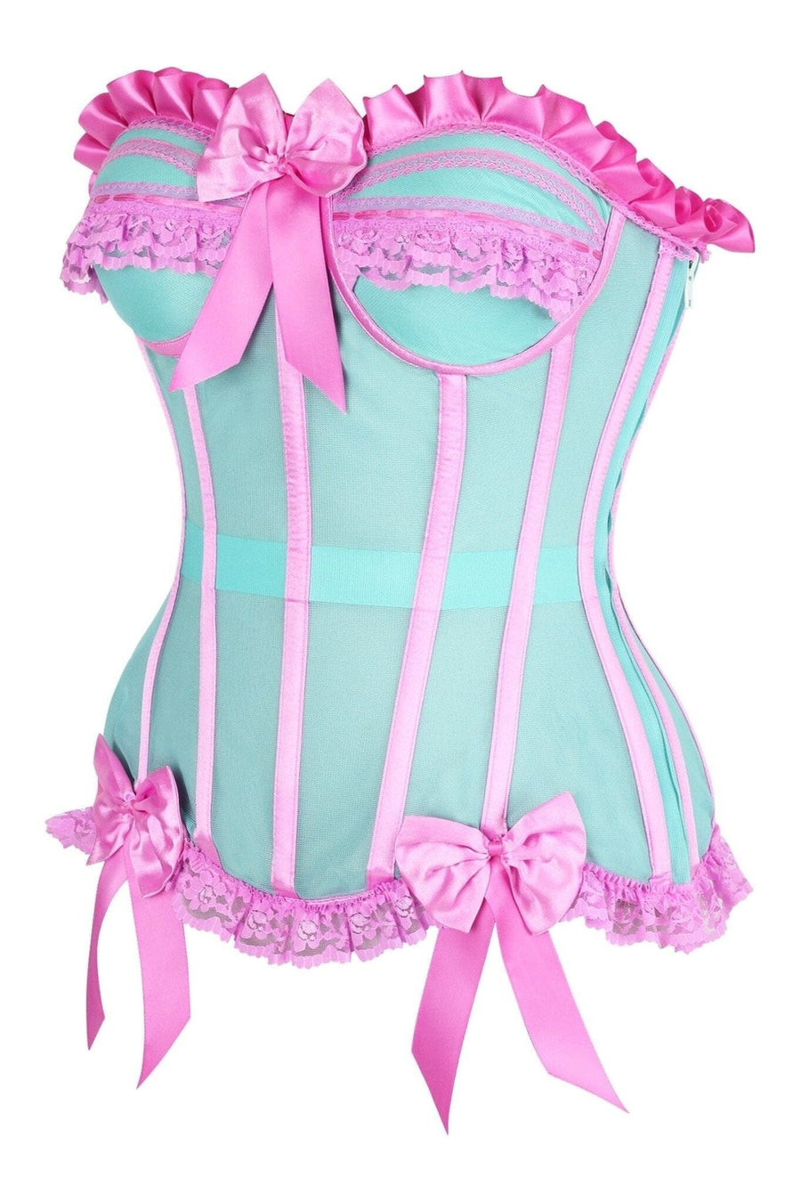 Daisy Corsets Top Drawer Steel Boned Mint/Pink Mesh Underwire Bustier Corset in Pink 
