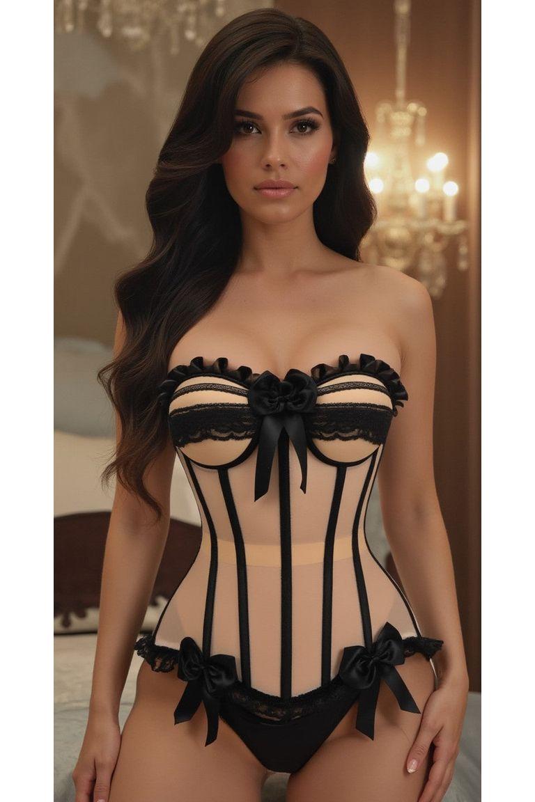 Daisy Corsets Top Drawer Steel Boned Nude & Black Mesh Underwire Bustier Corset in Ivory  from SexyShoes.com