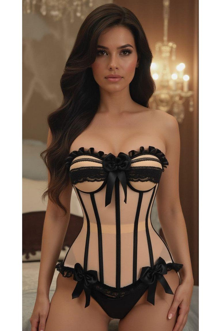 Top Drawer Steel Boned Nude & Black Mesh Underwire Bustier Corset