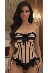 Daisy Corsets Top Drawer Steel Boned Nude & Black Mesh Underwire Bustier Corset in Ivory  from SexyShoes.com