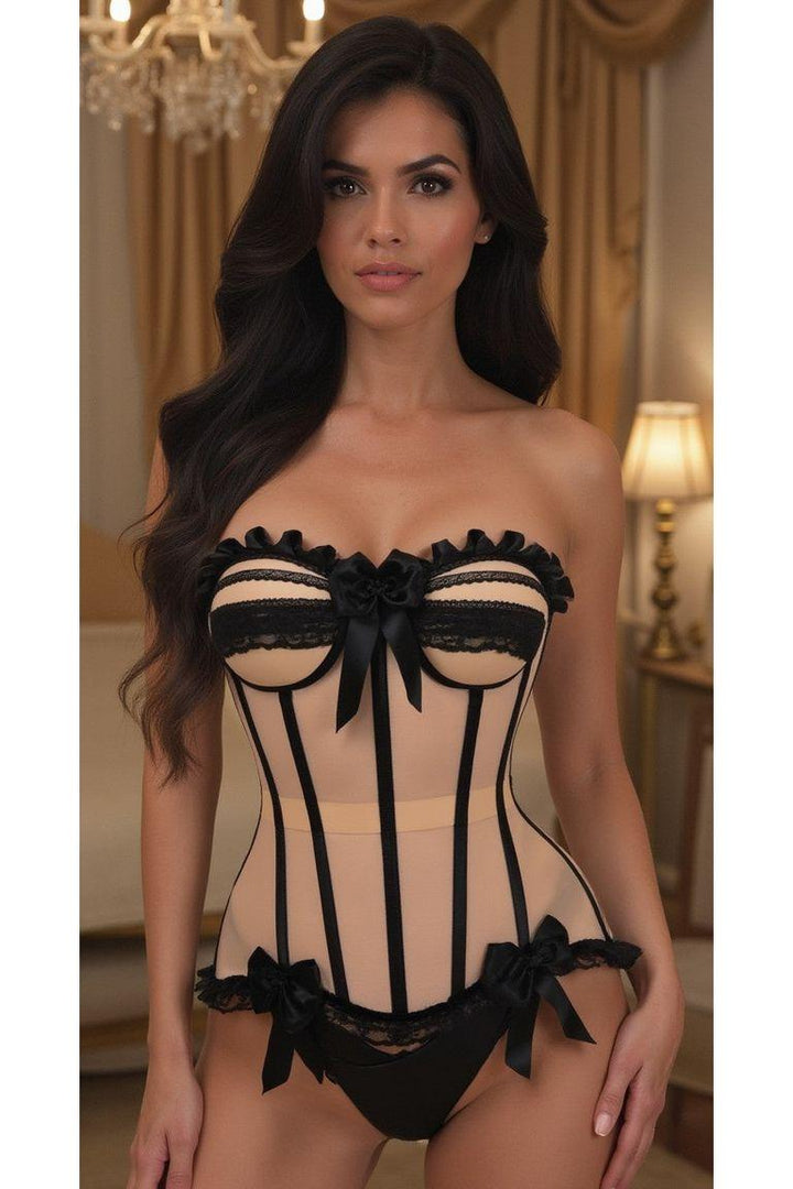 Top Drawer Steel Boned Nude & Black Mesh Underwire Bustier Corset