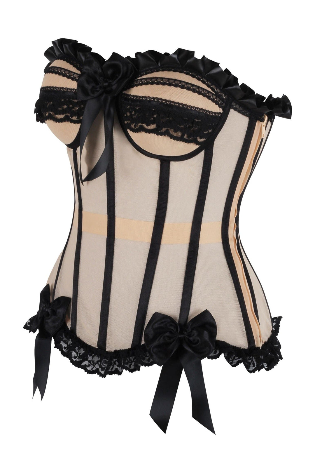 Top Drawer Steel Boned Nude & Black Mesh Underwire Bustier Corset