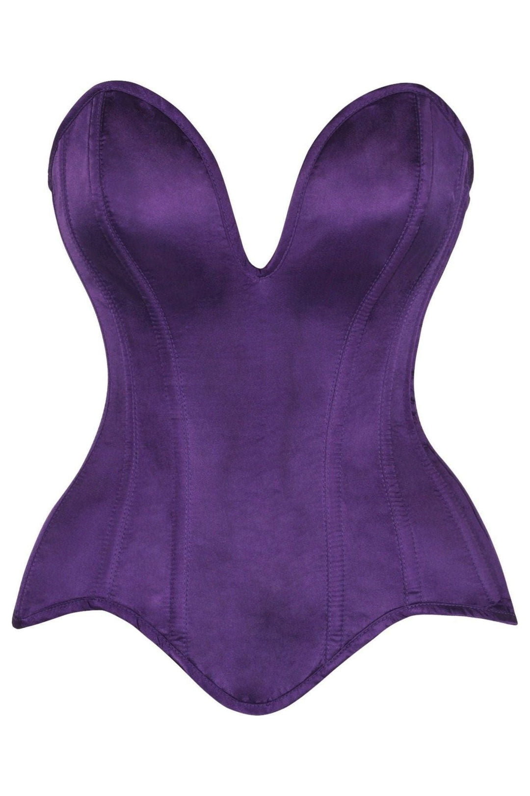 Daisy Corsets Top Drawer Steel Boned Plum Satin Plunge Neckline Overbust Corset in Purple  from SexyShoes.com