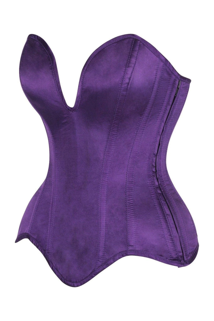 Daisy Corsets Top Drawer Steel Boned Plum Satin Plunge Neckline Overbust Corset in Purple 