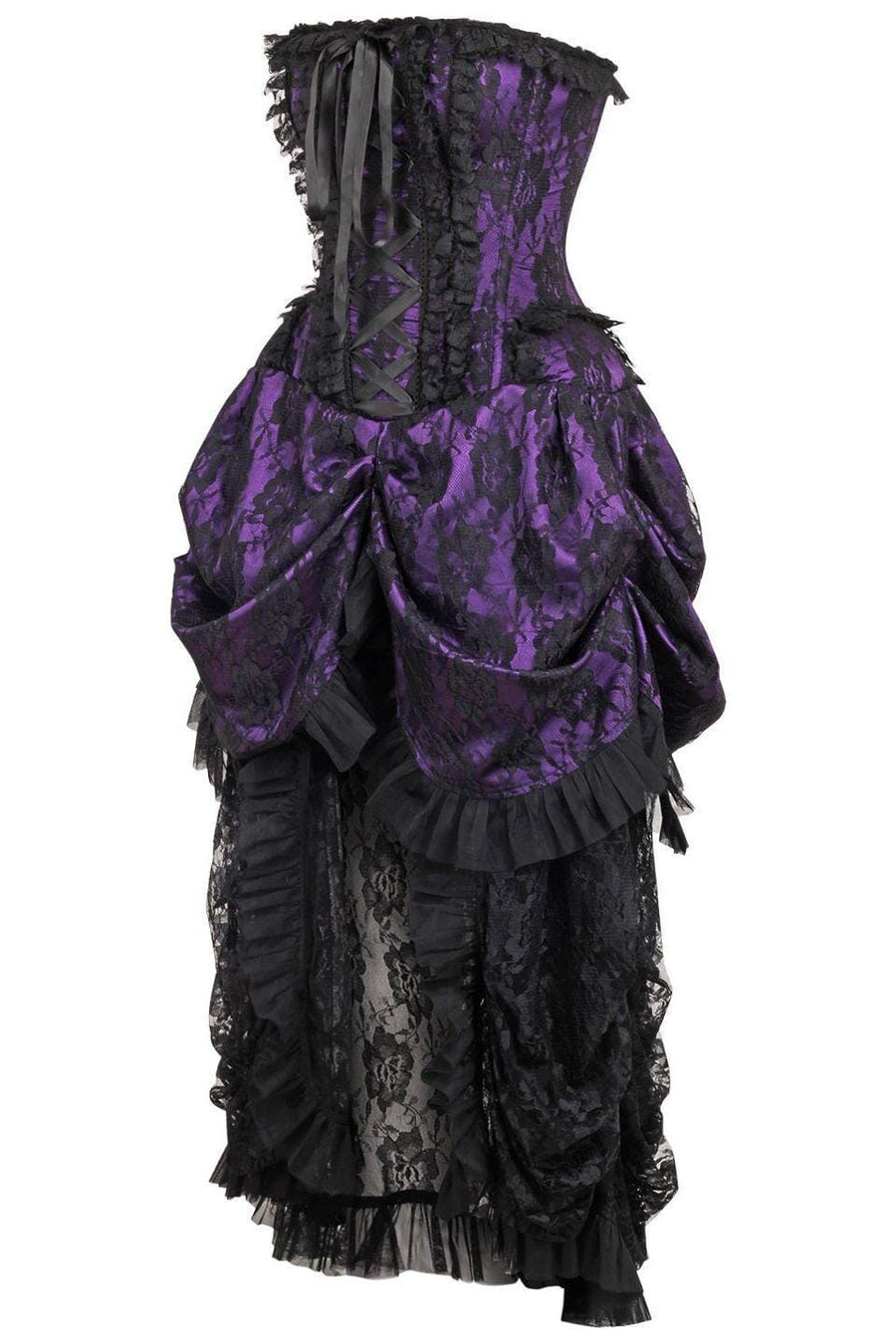 Daisy Corsets Top Drawer Steel Boned Purple w/Black Lace Bustle Corset Dress in Purple 