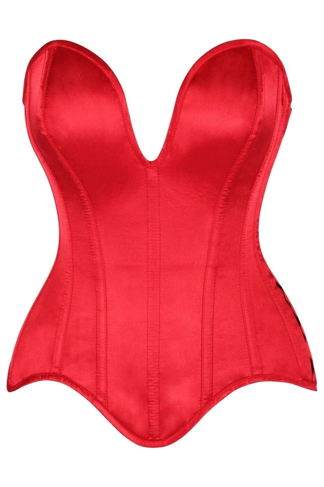 Daisy Corsets Top Drawer Steel Boned Red Satin Plunge Neckline Overbust Corset in Red  from SexyShoes.com