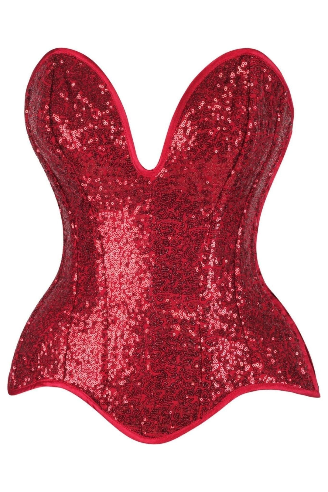 Daisy Corsets Top Drawer Steel Boned Red Sequin Plunge Neckline Overbust Corset in Red  from SexyShoes.com