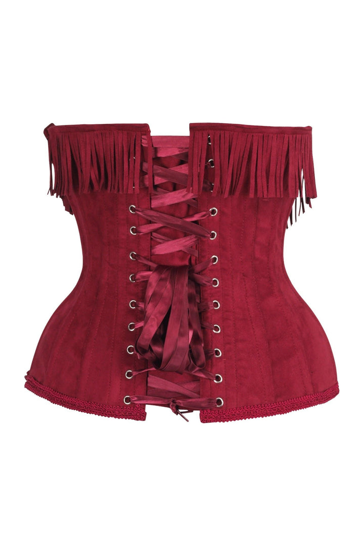 Top Drawer Steel Boned Red Suede Underwire Underbust Corset Cincher w/Fringe