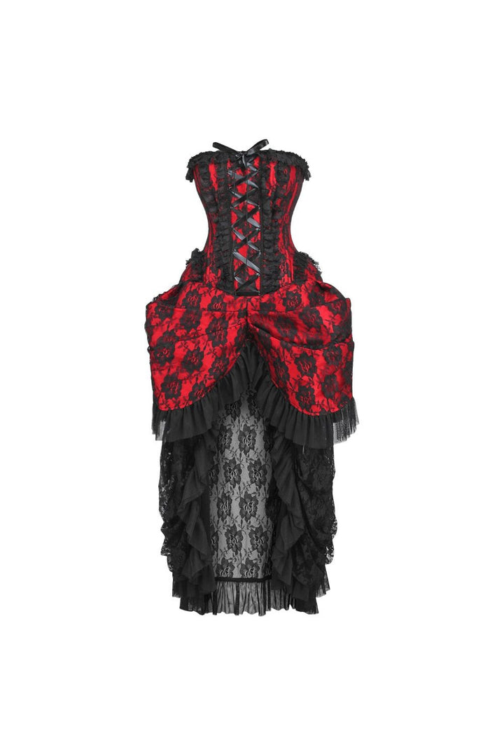 Top Drawer Steel Boned Red w/Black Lace Bustle Corset Dress