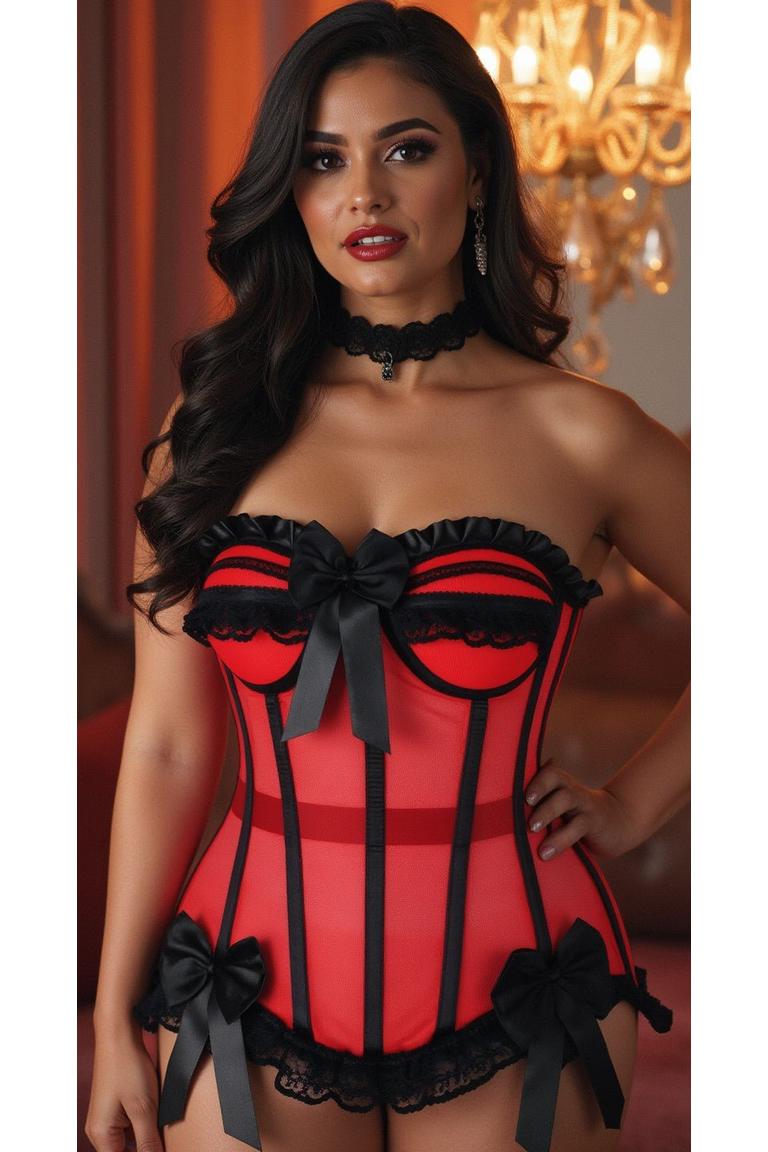 Daisy Corsets Top Drawer Steel Boned Red/Black Mesh Underwire Bustier Corset in Red 