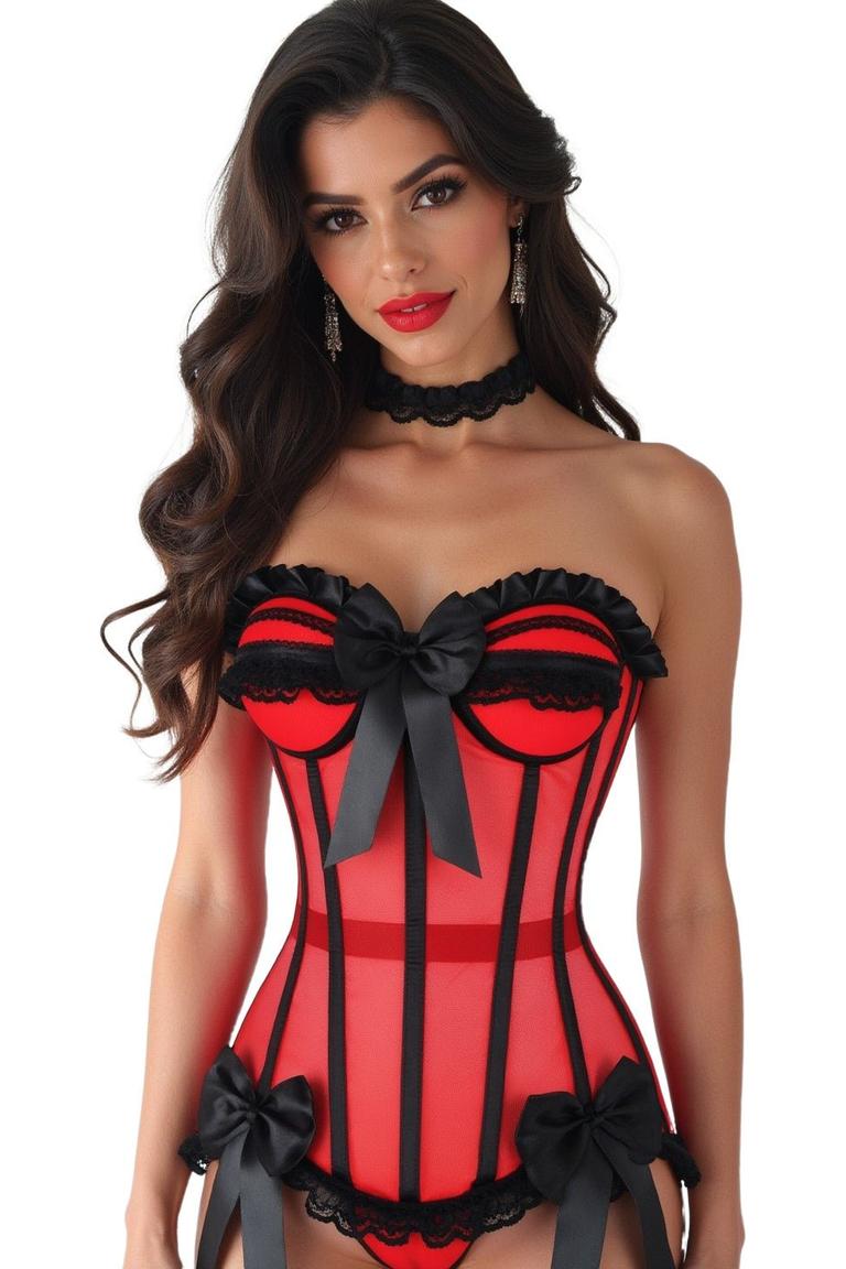 Daisy Corsets Top Drawer Steel Boned Red/Black Mesh Underwire Bustier Corset in Red 