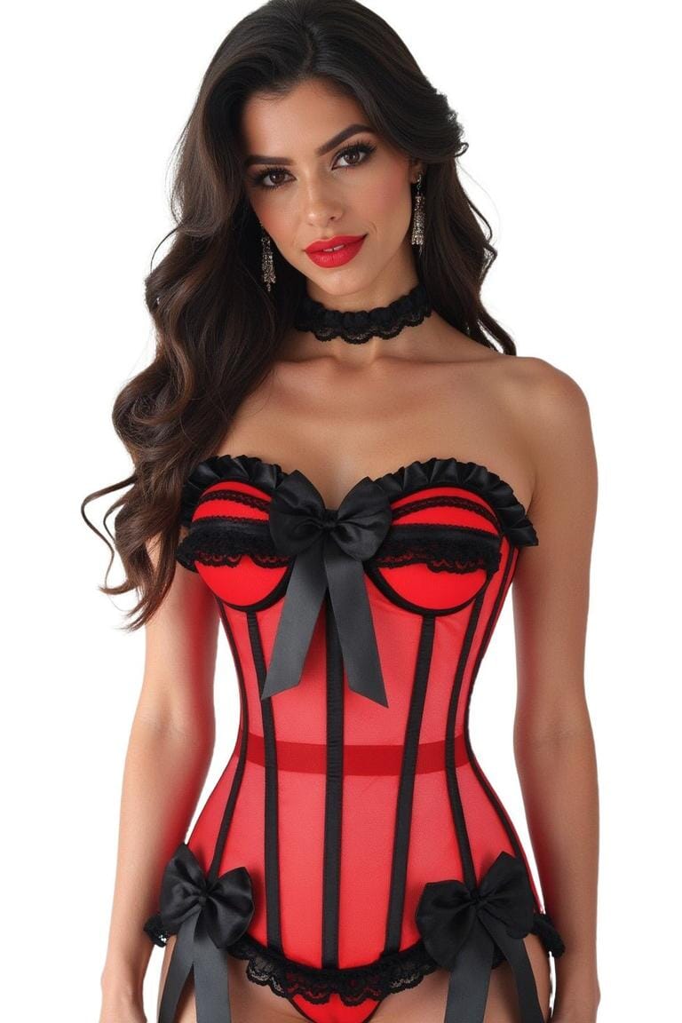 Daisy Corsets Top Drawer Steel Boned Red/Black Mesh Underwire Bustier Corset in Red 