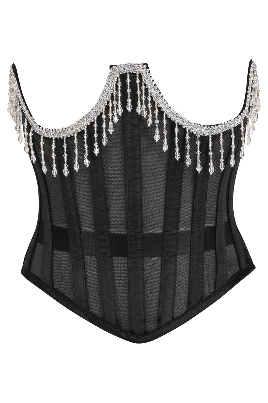 Daisy Corsets Top Drawer Steel Boned Sheer Underwire Waist Cincher w/Fringe in Black  from SexyShoes.com