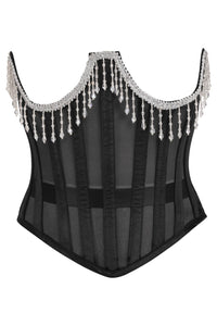 Daisy Corsets Top Drawer Steel Boned Sheer Underwire Waist Cincher w/Fringe in Black  from SexyShoes.com
