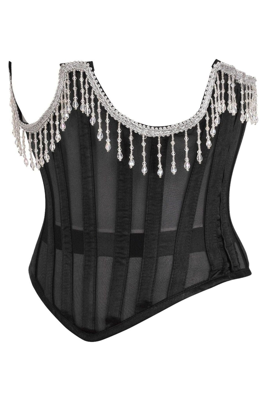 Daisy Corsets Top Drawer Steel Boned Sheer Underwire Waist Cincher w/Fringe in Black 