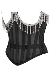 Daisy Corsets Top Drawer Steel Boned Sheer Underwire Waist Cincher w/Fringe in Black 