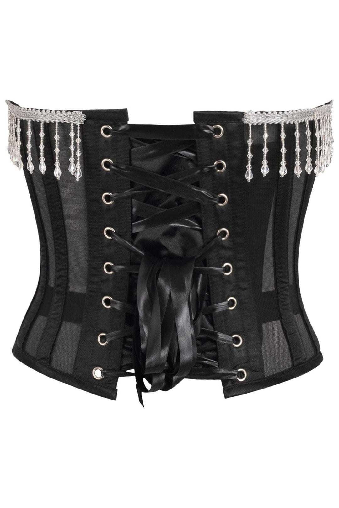 Daisy Corsets Top Drawer Steel Boned Sheer Underwire Waist Cincher w/Fringe in Black 