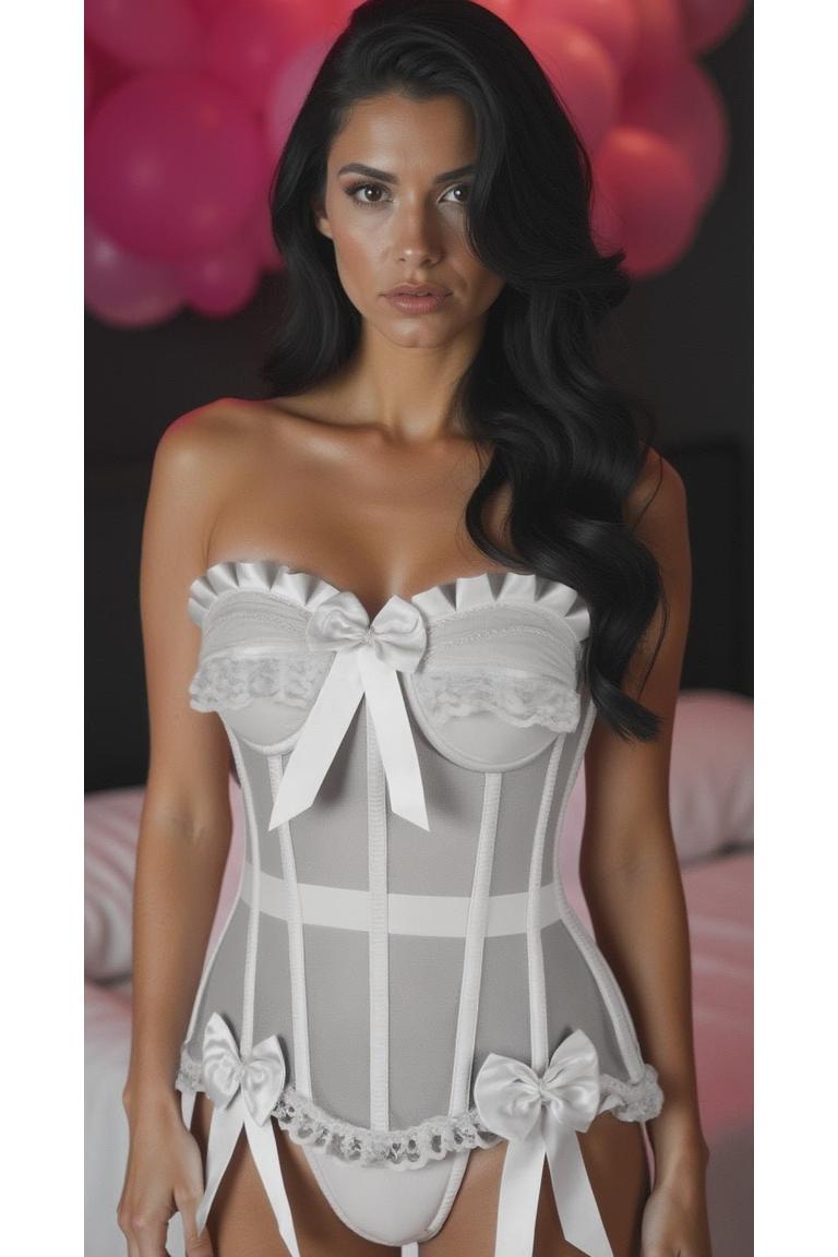 Daisy Corsets Top Drawer Steel Boned White Mesh Underwire Bustier Corset in White 