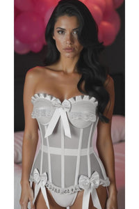 Daisy Corsets Top Drawer Steel Boned White Mesh Underwire Bustier Corset in White 
