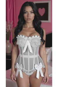 Daisy Corsets Top Drawer Steel Boned White Mesh Underwire Bustier Corset in White 