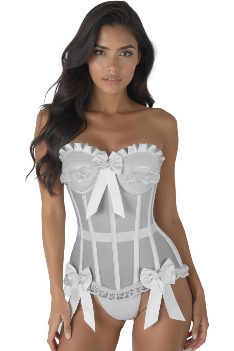 Daisy Corsets Top Drawer Steel Boned White Mesh Underwire Bustier Corset in White 