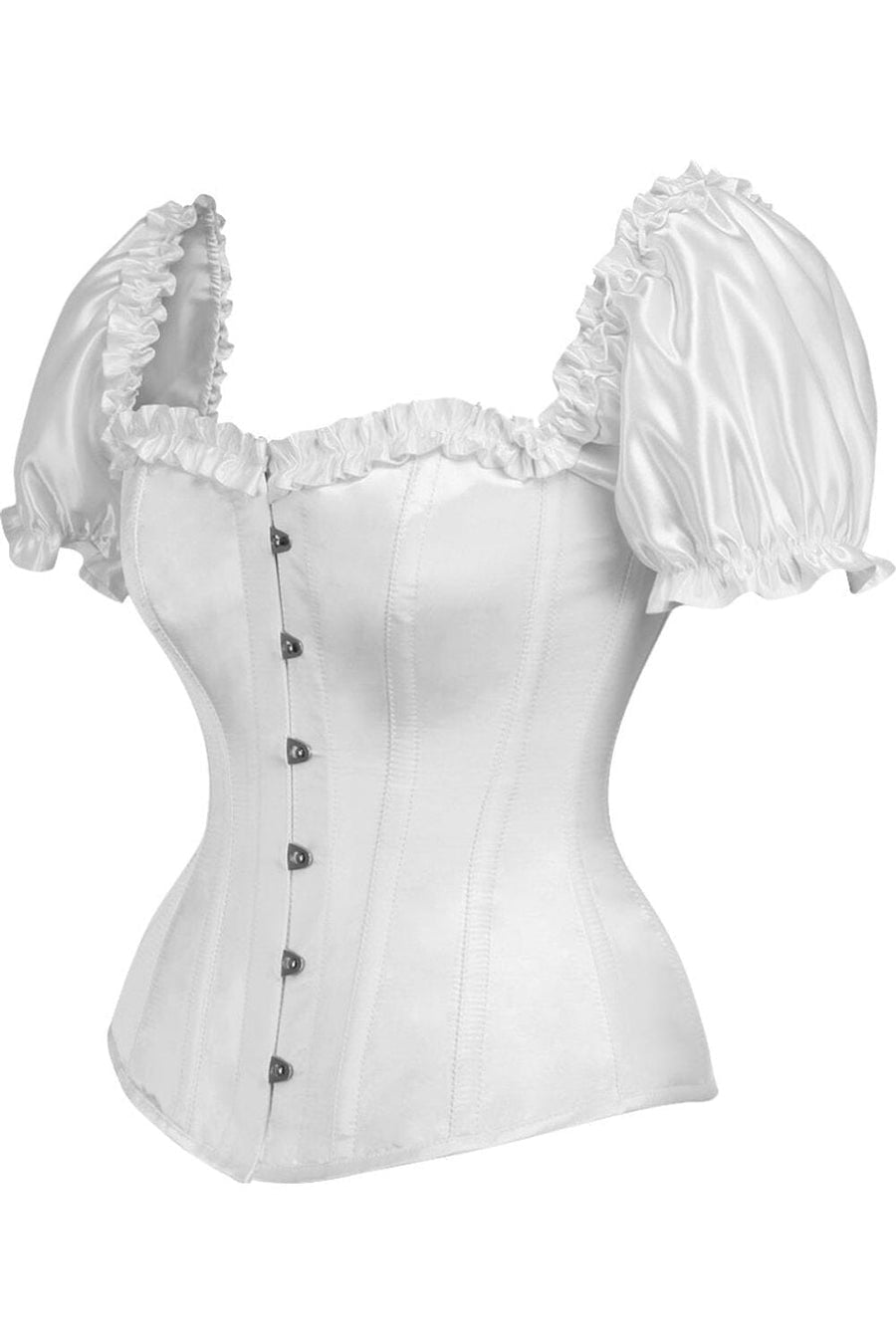 Daisy Corsets Top Drawer Steel Boned White Satin Overbust Corset w/Sleeves in White 