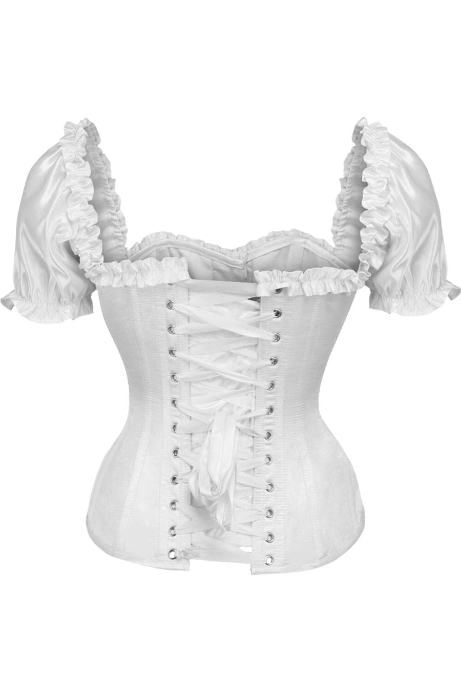 Daisy Corsets Top Drawer Steel Boned White Satin Overbust Corset w/Sleeves in White 