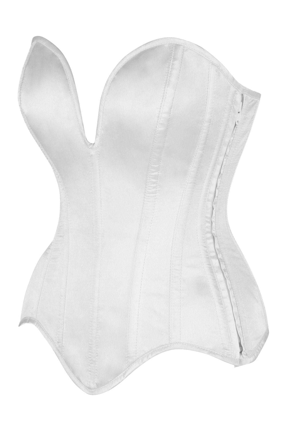 Daisy Corsets Top Drawer Steel Boned White Satin Plunge Neckline Overbust Corset in White 