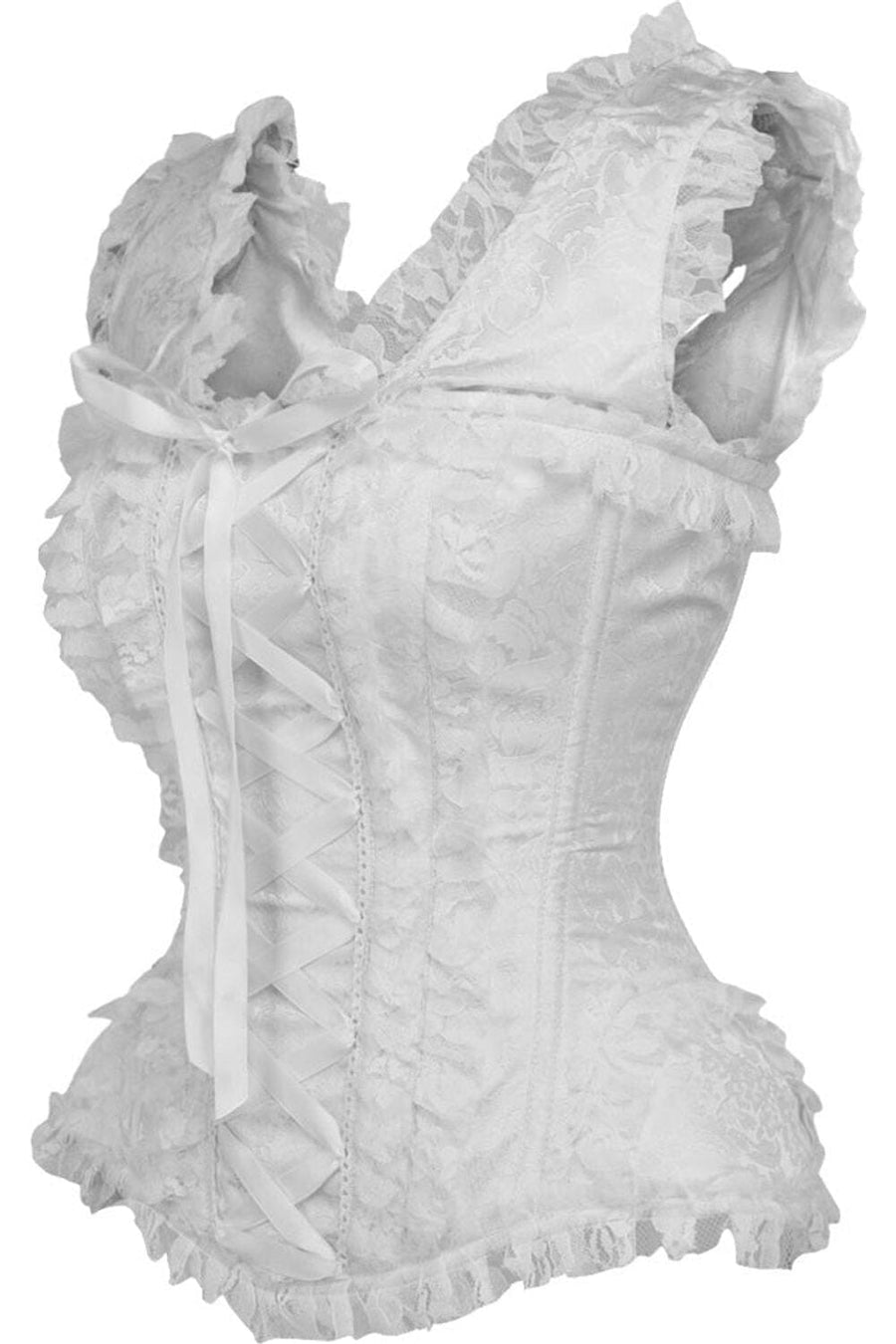 Daisy Corsets Top Drawer White Brocade & Lace Steel Boned Corset w/Cap Sleeves in White 