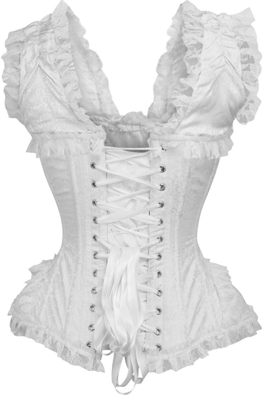Daisy Corsets Top Drawer White Brocade & Lace Steel Boned Corset w/Cap Sleeves in White 