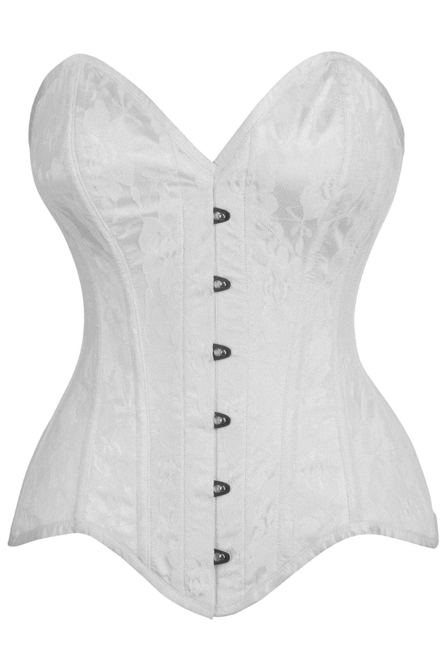 Daisy Corsets Top Drawer White Satin w/White Lace Overlay Steel Boned Overbust Corset in White 