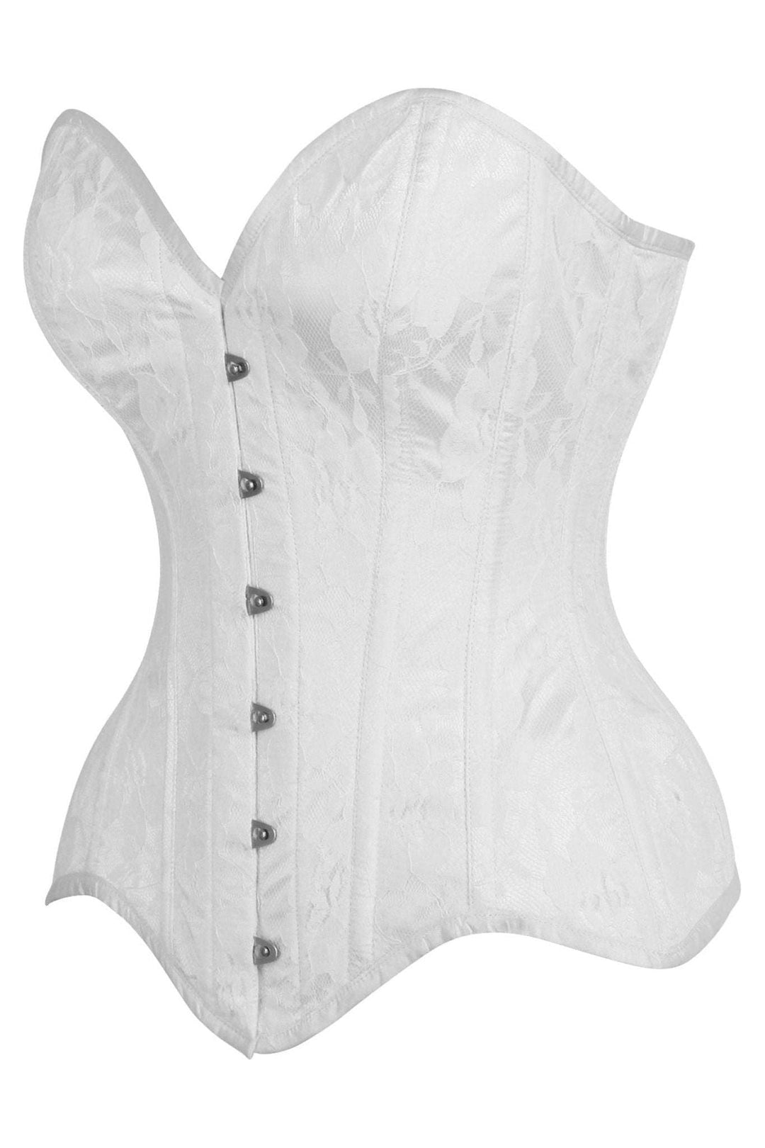 Daisy Corsets Top Drawer White Satin w/White Lace Overlay Steel Boned Overbust Corset in White 