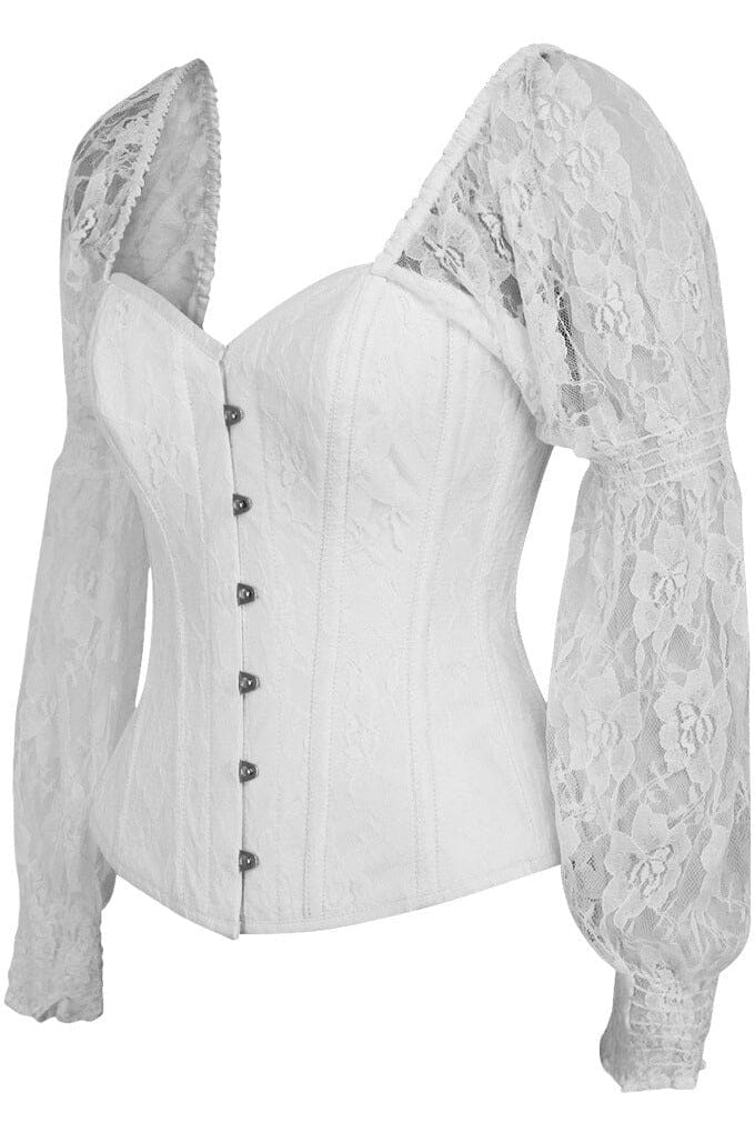 Daisy Corsets Top Drawer White w/White Lace Steel Boned Long Sleeve Corset in White 