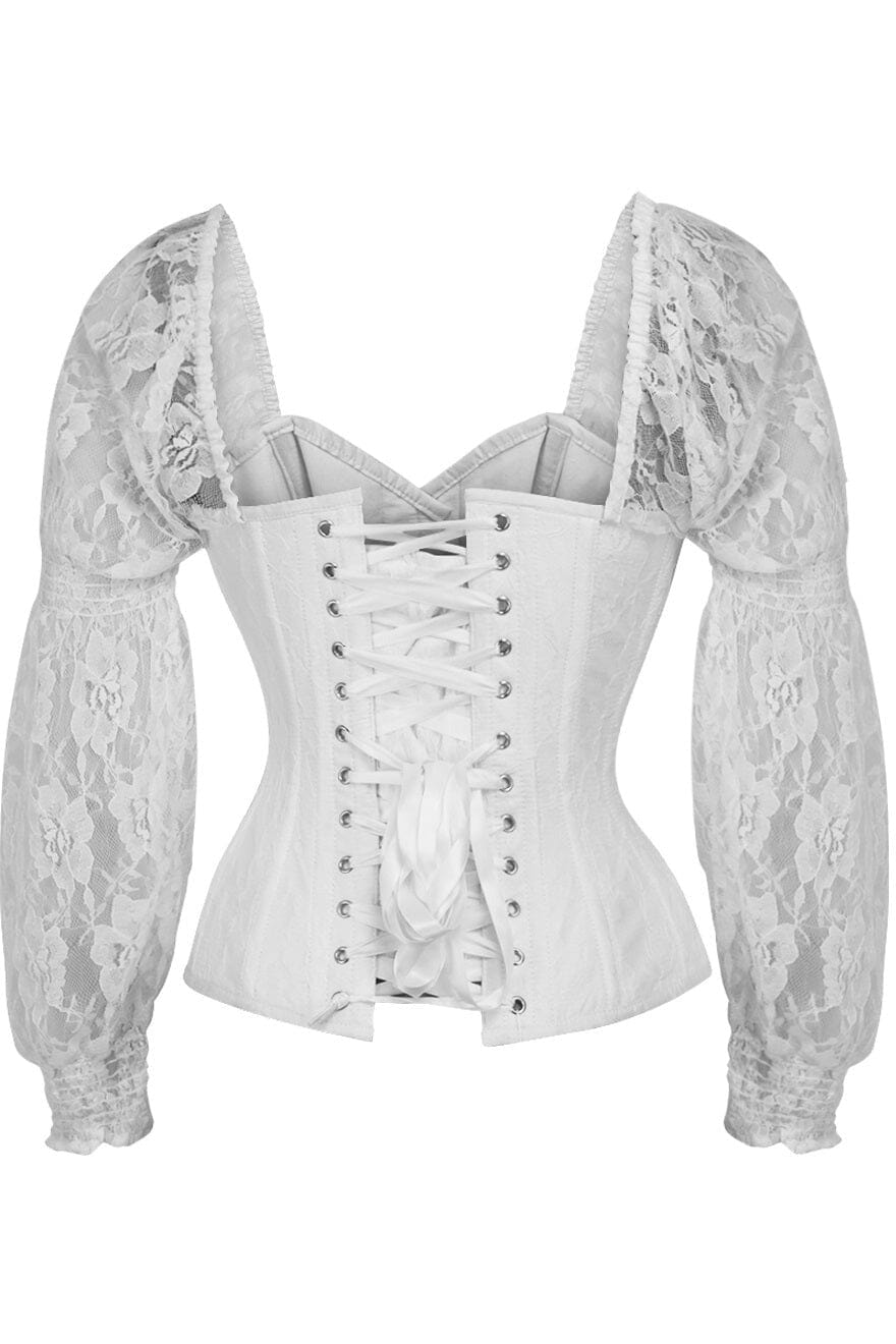 Daisy Corsets Top Drawer White w/White Lace Steel Boned Long Sleeve Corset in White 